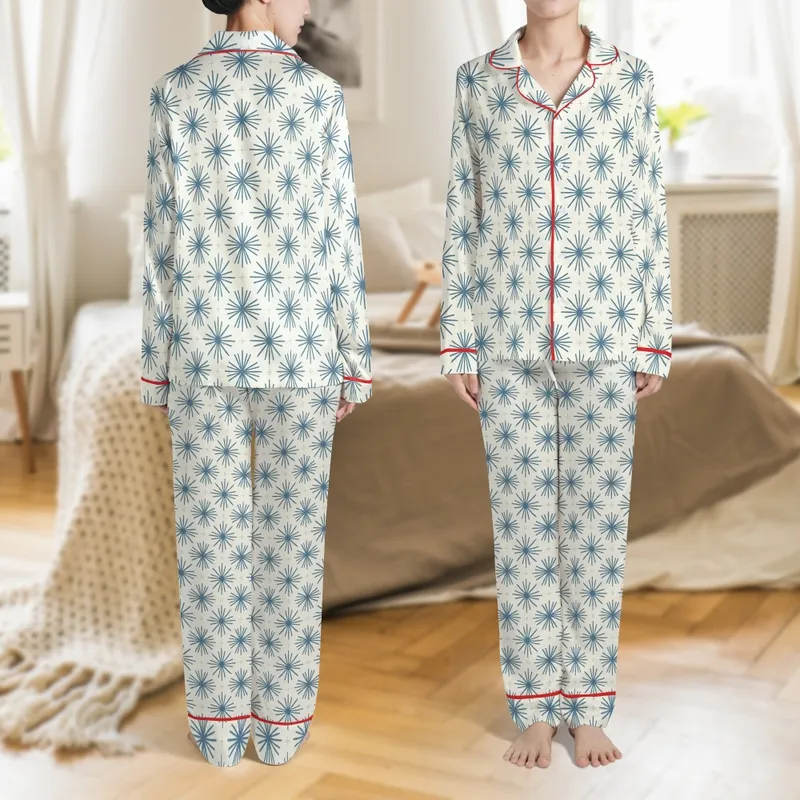Naive Rustic Style: Muted Blue-Grey Starburst Rhombus Pattern - Folk Art Motif Satin Pajamas Set - 1