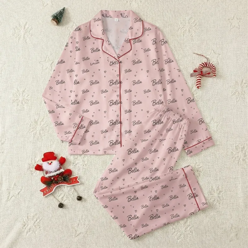 Women's Delicate Light Pink Bella Script Repeating Pattern with Subtle Black Hearts Satin Pajamas Set - 1