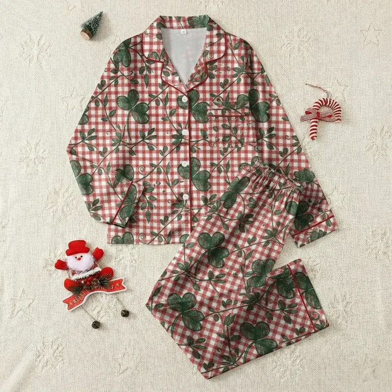 Children's Red White Gingham Dark Green Shamrock Vine Rustic Holiday Pattern Satin Pajamas Set - 1