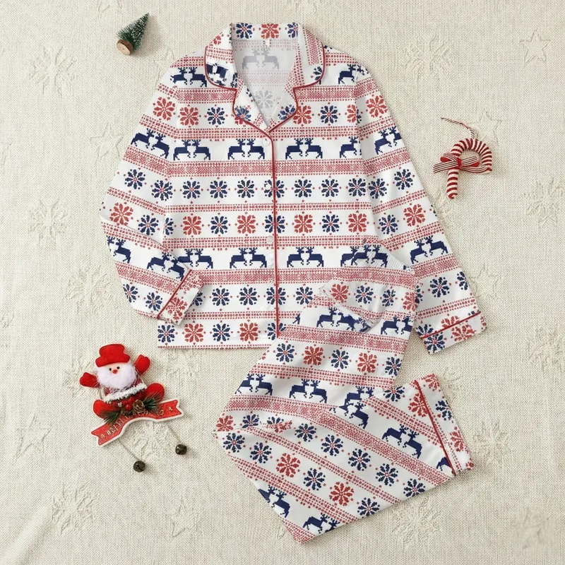 Family Traditional Fair Isle Pattern with Deep Navy Pixelated Reindeer, Vibrant Red Geometric Stripes, and Stylized Snowflakes on White Satin Pajamas Set - 1