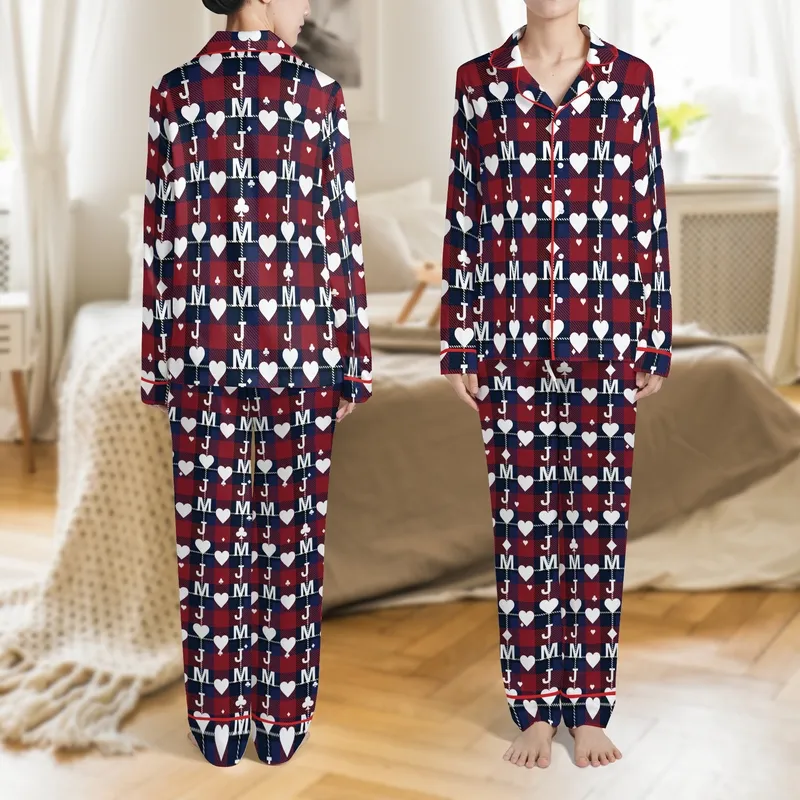 Couples' Classic Red Black Blue Plaid J Heart M Heart Monogram Card Suits Pattern Satin Pajamas Set - 1