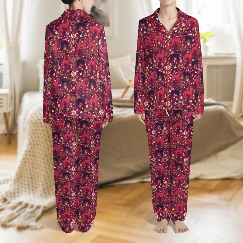 Greyhound Lovers' Deep Magenta Berry Red Olive Green Folk Art Abstract Greyhound Silhouette Floral Pattern Satin Pajamas Set - 1