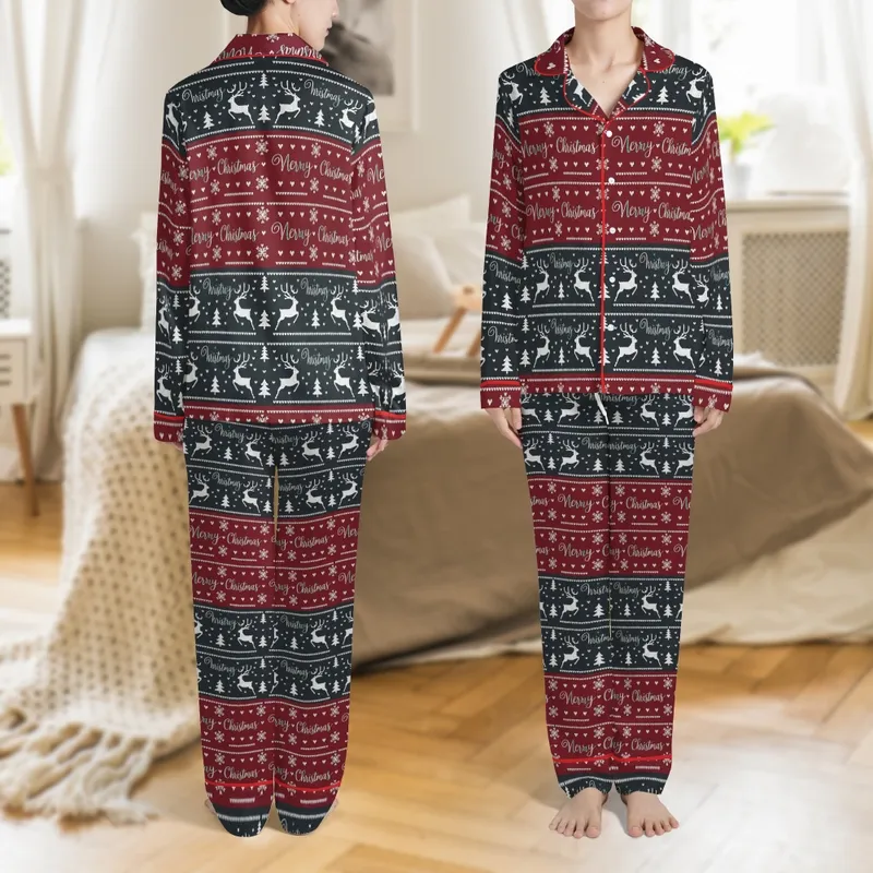 Holiday Decor Enthusiasts' Red & Grey Folk Knit Pattern with White Snowflakes, Reindeer & Teal Merry Christmas Script - 1