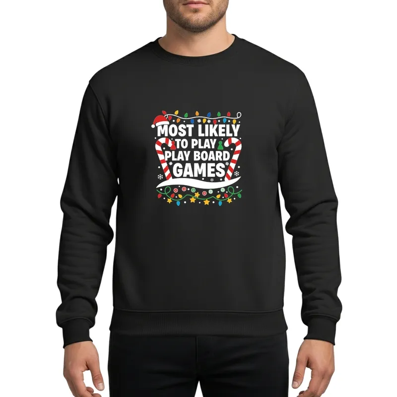 Most Likely To Play Board Games Family Christmas Santa Hat Lights Dice Game Pieces Sweatshirt - 1