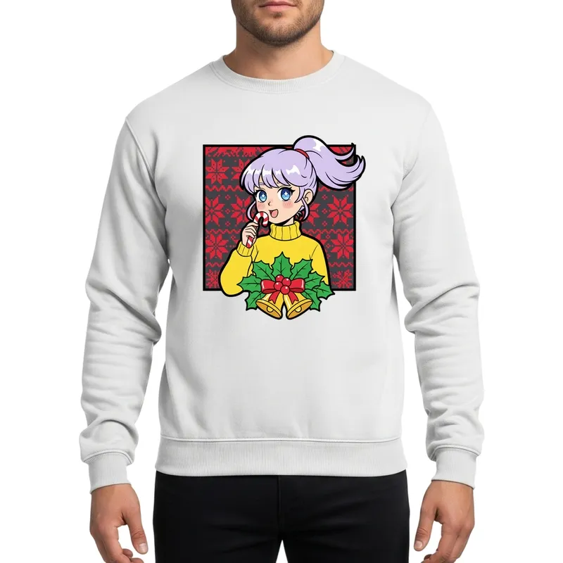 Kawaii Anime Girl Candy Cane Festive Pixel Art Otaku Christmas Sweatshirt - 1