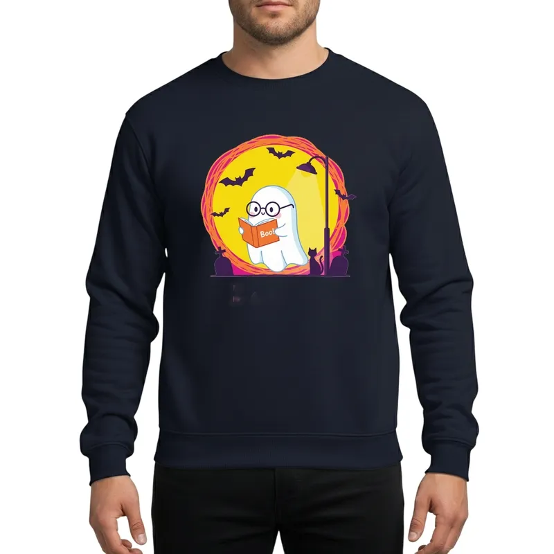 Booooks Funny Ghost Reading Orange Book Halloween Teacher Library Full Moon Bat & Cat Scene Sweatshirt - 1