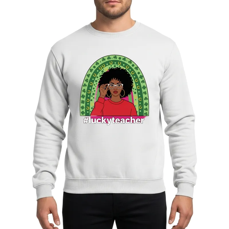 Lucky Teacher St. Patrick's Black Woman Natural Hair Green Rainbow Shamrocks Sweatshirt - 1