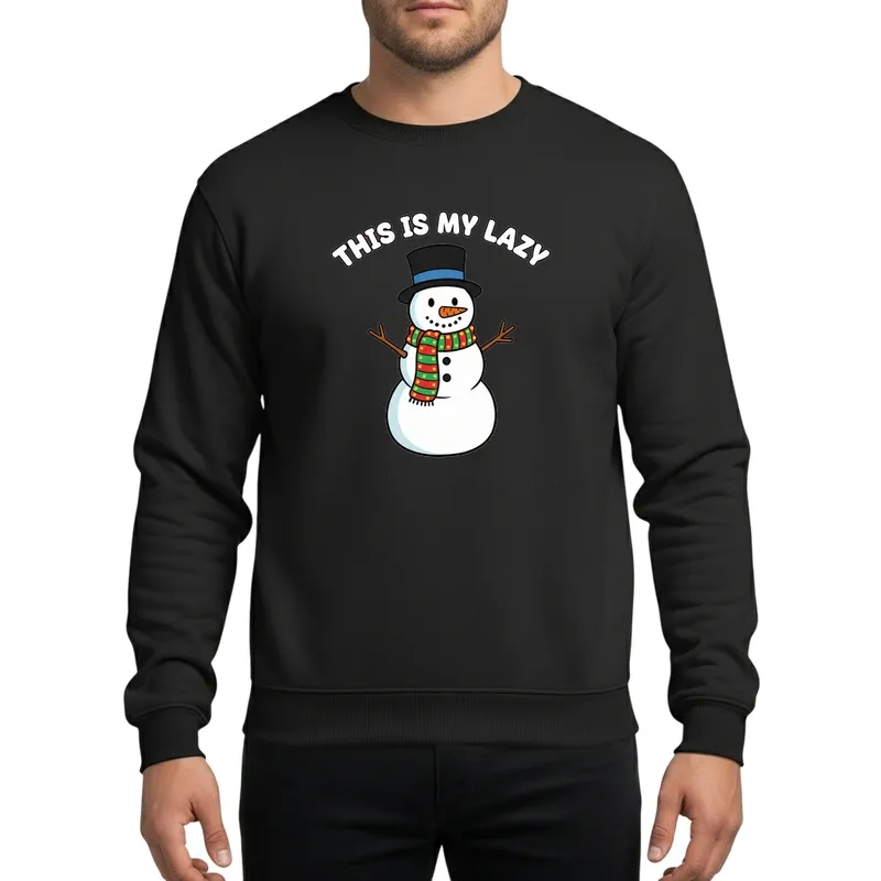 Cute Cartoon Snowman Black Top Hat Striped Scarf 'Lazy Holiday Pajama' Design Sweatshirt - 1