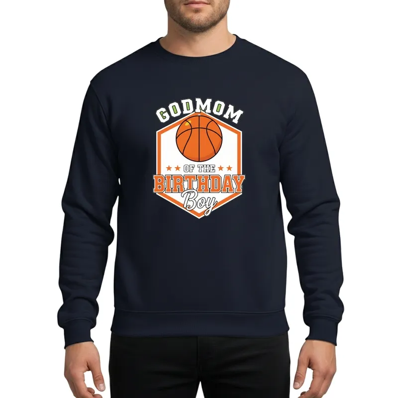 Godmom Of The Birthday Boy Athletic Basketball Celebration Orange White Hexagon Design Sweatshirt - 1