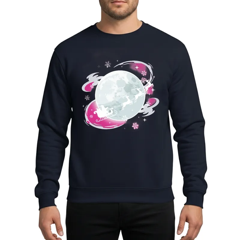 Christmas Santa Flight, Luminous Moon, Elegant Reindeer Silhouette Art Sweatshirt - 1