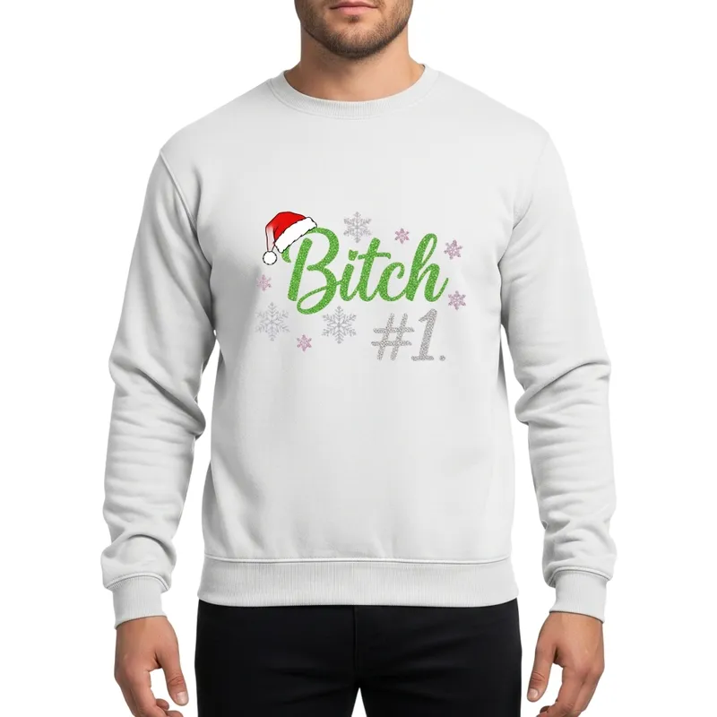 Merry Christmas #1 Green Glitter Script Design With Santa Hat & Snowflakes Sweatshirt - 1