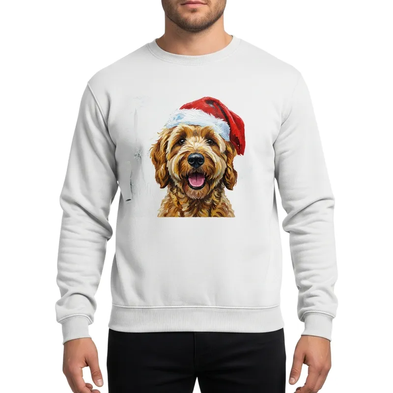 Textured Goldendoodle Santa Dog Portrait, Starry Night Impasto Christmas Snowflakes Sweatshirt - 1