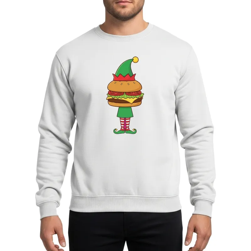 Whimsical Cheeseburger Elf Family Matching Holiday Outfit: Cartoon Foodie Character with Striped Legs Sweatshirt - 1