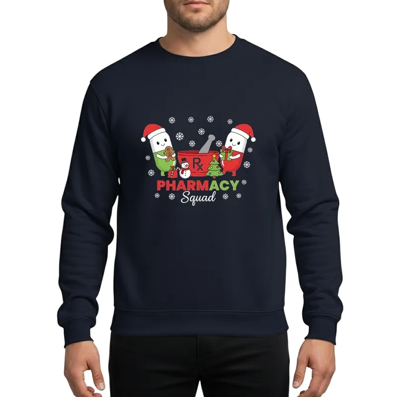 Funny Pharmacy Squad Matching Christmas Holiday Design with Festive Pill Capsules, Mortar, & Snowman Sweatshirt - 1