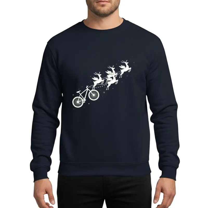 Dynamic Flying Reindeer Mountain Bike Cycle Holiday Presents | Minimalist Vector Stars Snowflakes Sweatshirt - 1