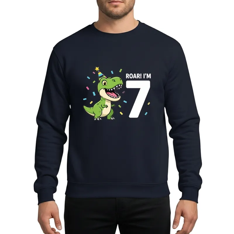 Roar! I'm 7! Green T-Rex Dinosaur 7th Birthday Party Cartoon Confetti Kid Sweatshirt - 1