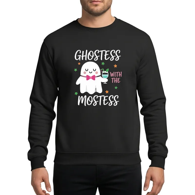 Women's Halloween Party Ghostess Mostess Cute Ghost Pink Bow Cocktail Stars Sweatshirt - 1