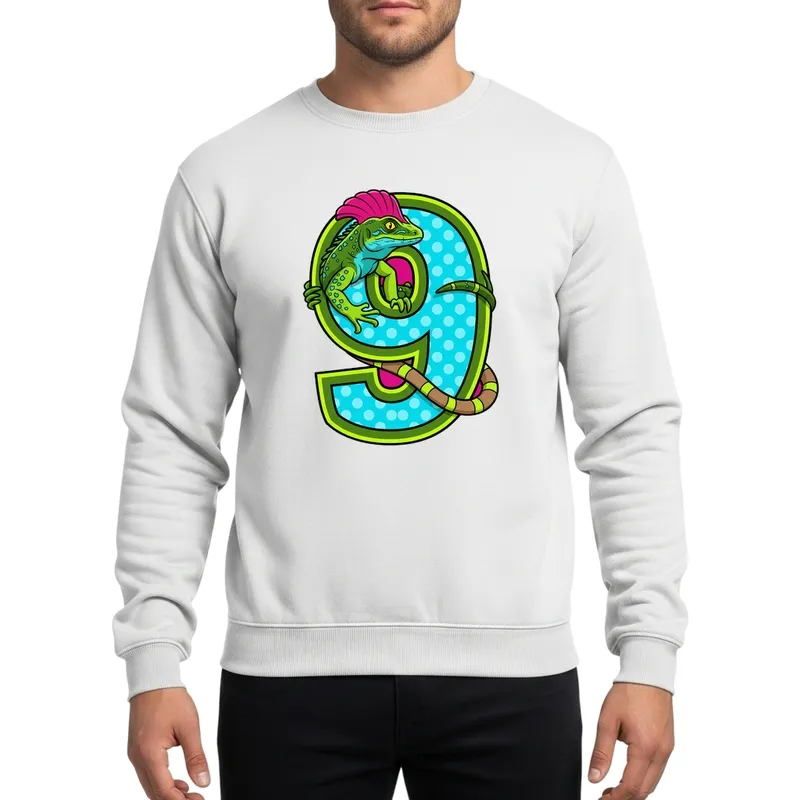 Vibrant Green Teal Fuchsia Basilisk Lizard Ninth Birthday Number 9 Design Sweatshirt - 1
