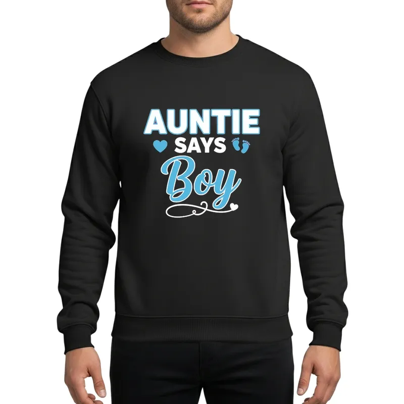 Auntie Says Boy Gender Reveal Announcement Light Blue White Script Heart Footprint Sweatshirt - 1