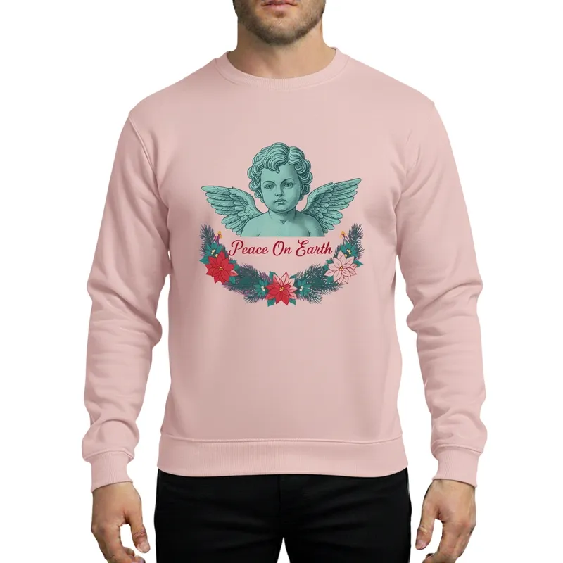 Classical Engraved Cherub Peace On Earth Garland Christmas Poinsettia Teal Crimson Design Sweatshirt - 1