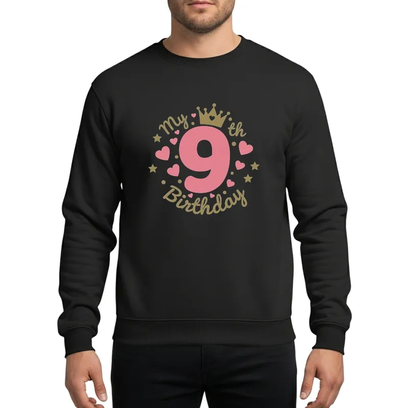 My 9th Birthday Girl Pink Gold Crown Hearts Stars Design for Nine Year Old Sweatshirt - 1