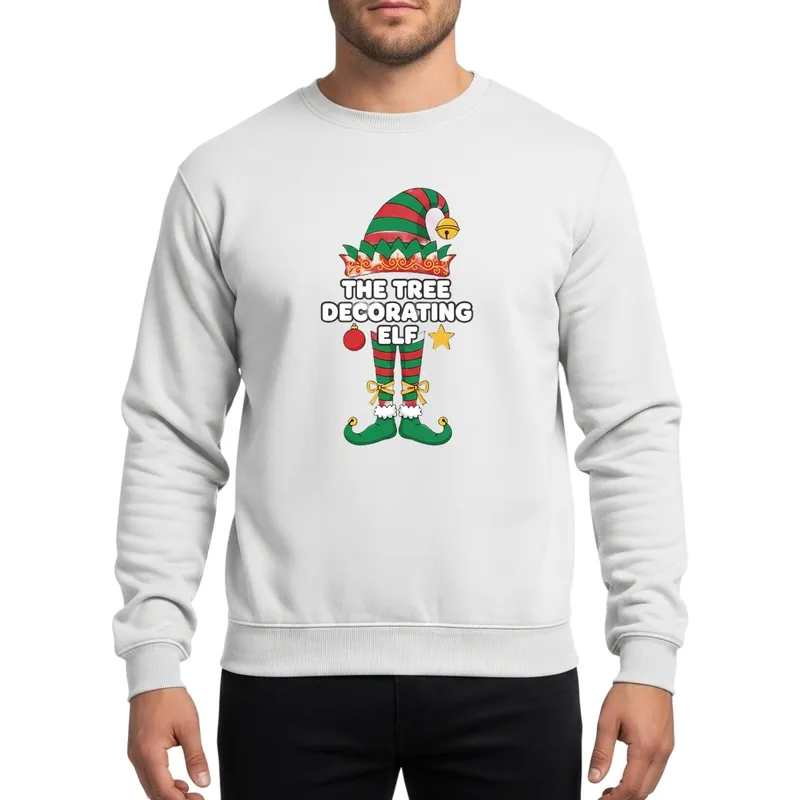 Whimsical Tree Decorating Elf Family Group Golden Bell & Striped Shoes Christmas Sweatshirt - 1