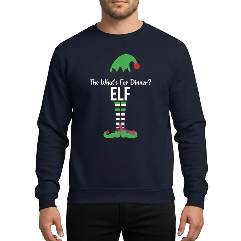 Christmas Whimsical Elf 'What's For Dinner?' Green Hat Red Stripes Family Holiday Character Sweatshirt - 1