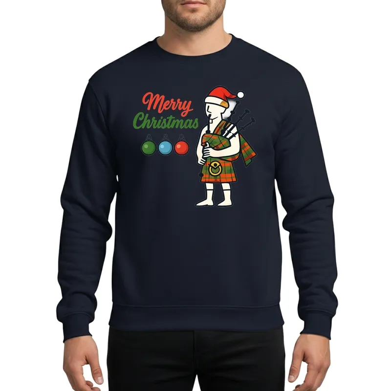 Scottish Bagpiper Tartan Kilt Sparkly Merry Christmas Vector Art Sweatshirt - 1