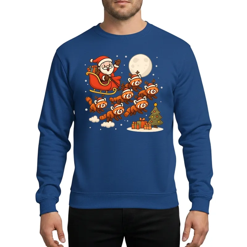 Whimsical Christmas Santa Sleigh Ride with Eight Antlered Red Pandas Snowy Tree Scene Sweatshirt - 1
