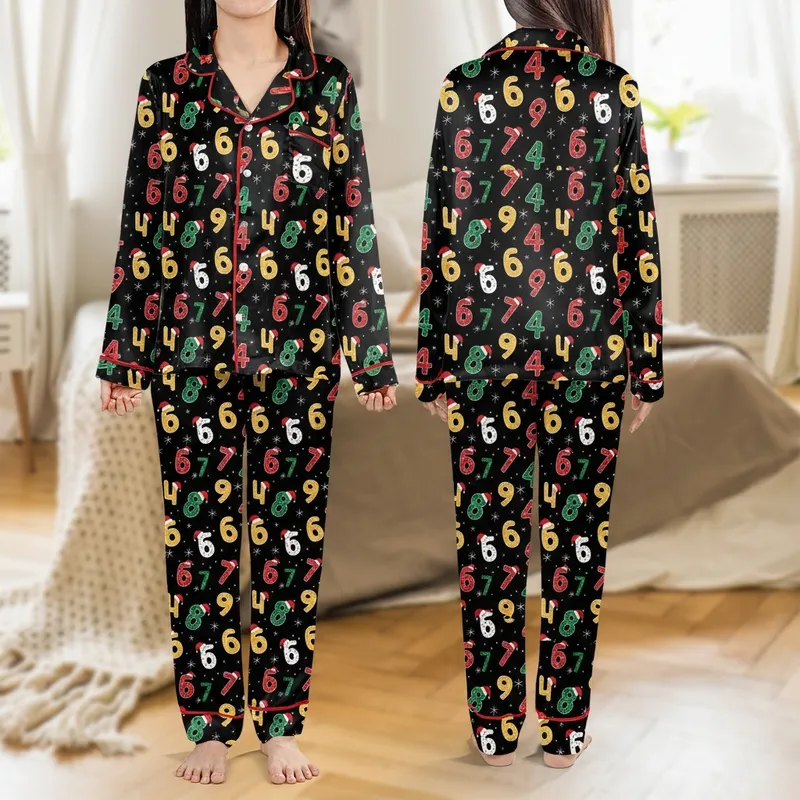 Funny 67 Meme Christmas Pajama Set | Whimsical Red Green Gold Number All-Over Print Loungewear Satin Pajamas Set - 1