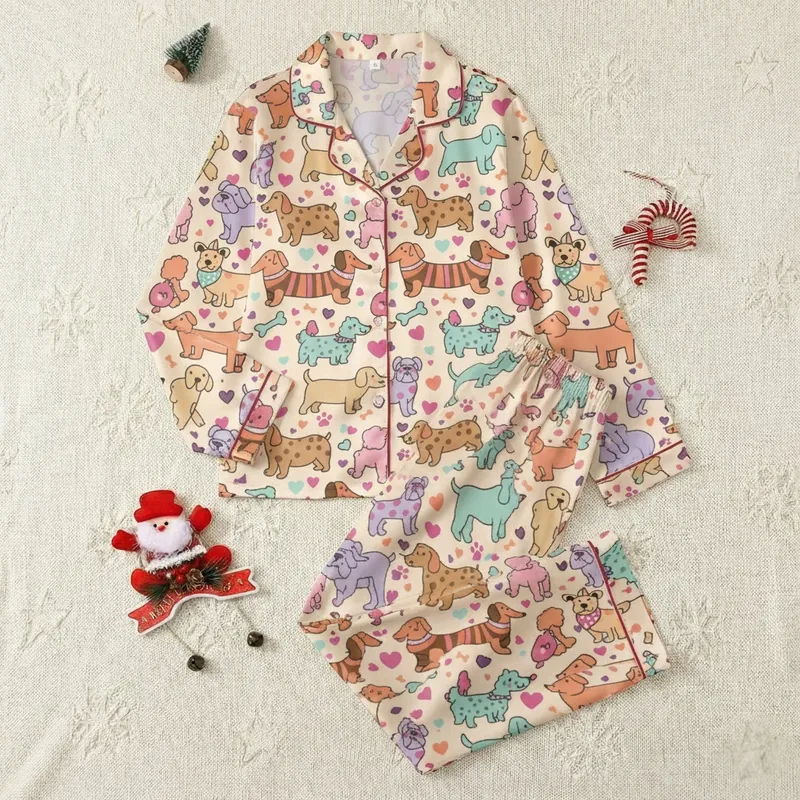 Women's Comfortable Collared Button Set Colorful Cartoon Dog Pattern All Seasons Satin Pajamas Set - 1