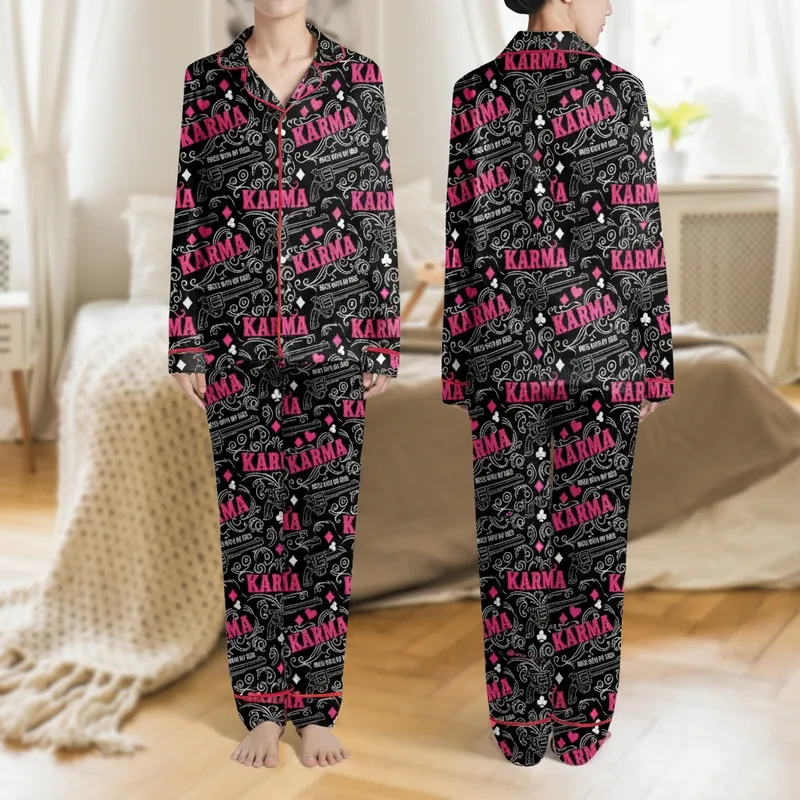 Women's Funny Black Stretchy Lounge Dress | Bold KARMA Pattern, Pink Accents & Stylized Western Motifs Satin Pajamas Set - 1