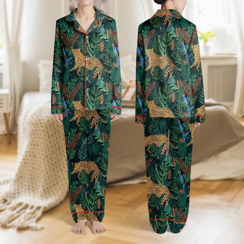 Elegant Women's Emerald Leopard French Collar Summer Loose Fashion Satin Pajamas Set - 1