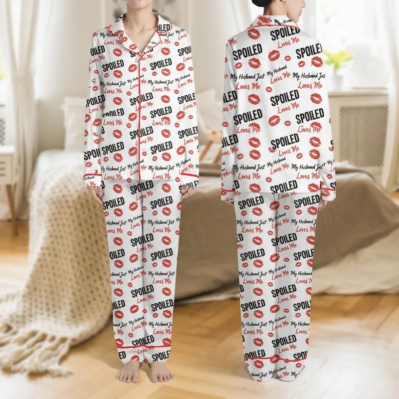 Women's White All-Season Casual Lounging Piece with 'I Am Not Spoiled My Husband Just Loves Me' Text & Red Kiss Prints Satin Pajamas Set - 1
