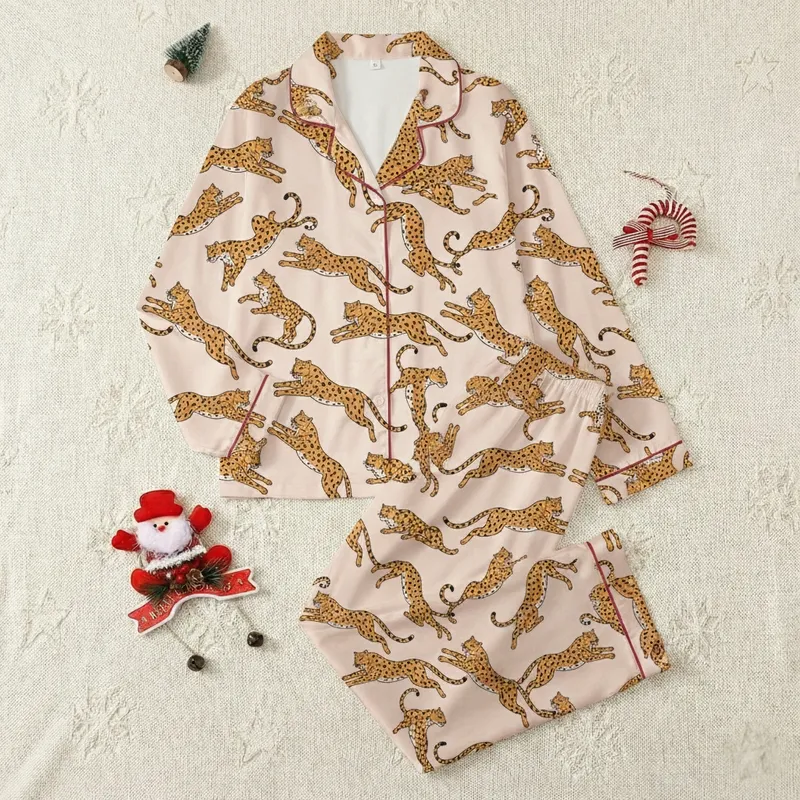 Women's Satin Sleep Set: Golden Leopard Flat Art - Pink-Beige Short Sleeve Lounging Satin Pajamas Set - 1