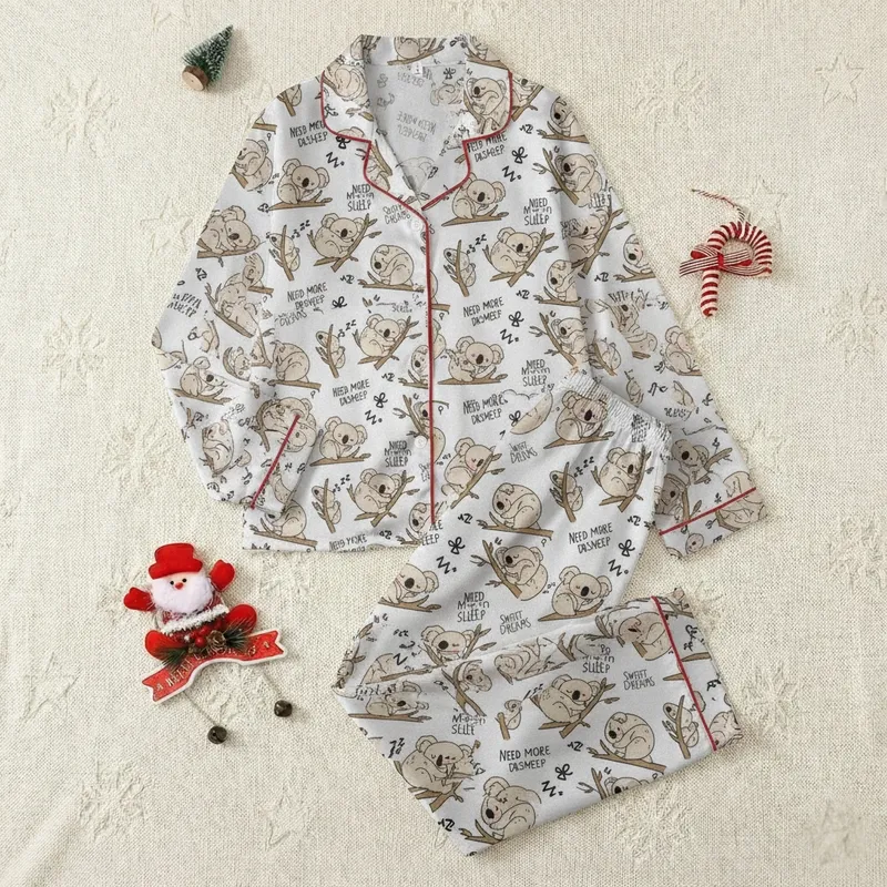 Women's Whimsical Sleeping Koala Nightgown: Soft Gray, "Sweet Dreams" Print, Ruffled Hem Loungewear Satin Pajamas Set - 1