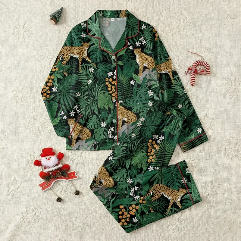 Women's Dense Jungle Cheetah Print Satin Pajamas – Loose Fit Button-Up Short Sleeve Set Satin Pajamas Set - 1