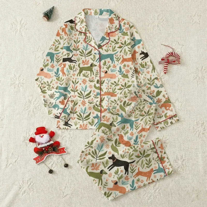 Relaxed Puppy Folk Art Mid-Century Botanical Dog Print Open Front Long Sleeve Puff Sleeve Sleepwear Set Satin Pajamas Set - 1