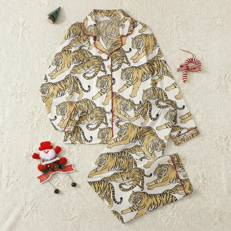 Women's Hand-Drawn Tiger Print Pajama Set: Metallic Gold Accents, Short Sleeve Collared Top Satin Pajamas Set - 1