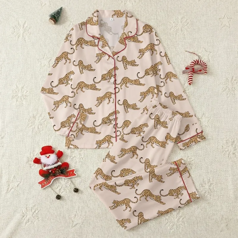 Teen Girls Playful Leopard Pajama Set: Long Sleeve Tan Spots, Pale Pink-Beige Pants Satin Pajamas Set - 1