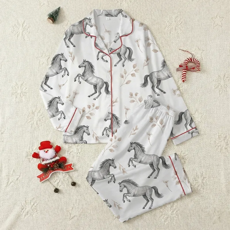 Women's Charcoal Etched Horse & Taupe Botanical Print 2-Piece Breathable Short Sleeve Pajama Set Satin Pajamas Set - 1