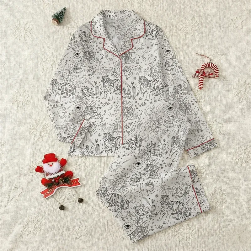 Women's Black & White Celestial Mystical Tiger Moon Print Long Sleeve Open Front Pajama Set Satin Pajamas Set - 1