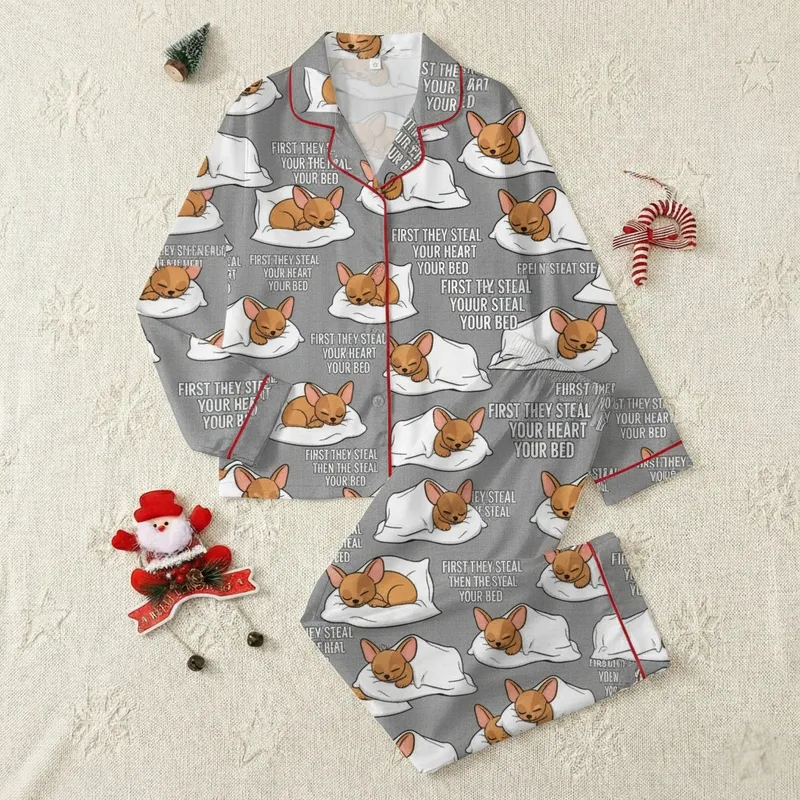 Women's Cozy Chihuahua Sleep Set: Flat Cartoon Sleeping Dogs, 'Steal Your Heart, Steal Your Bed' Quote, Heather Grey Satin Pajamas Set - 1