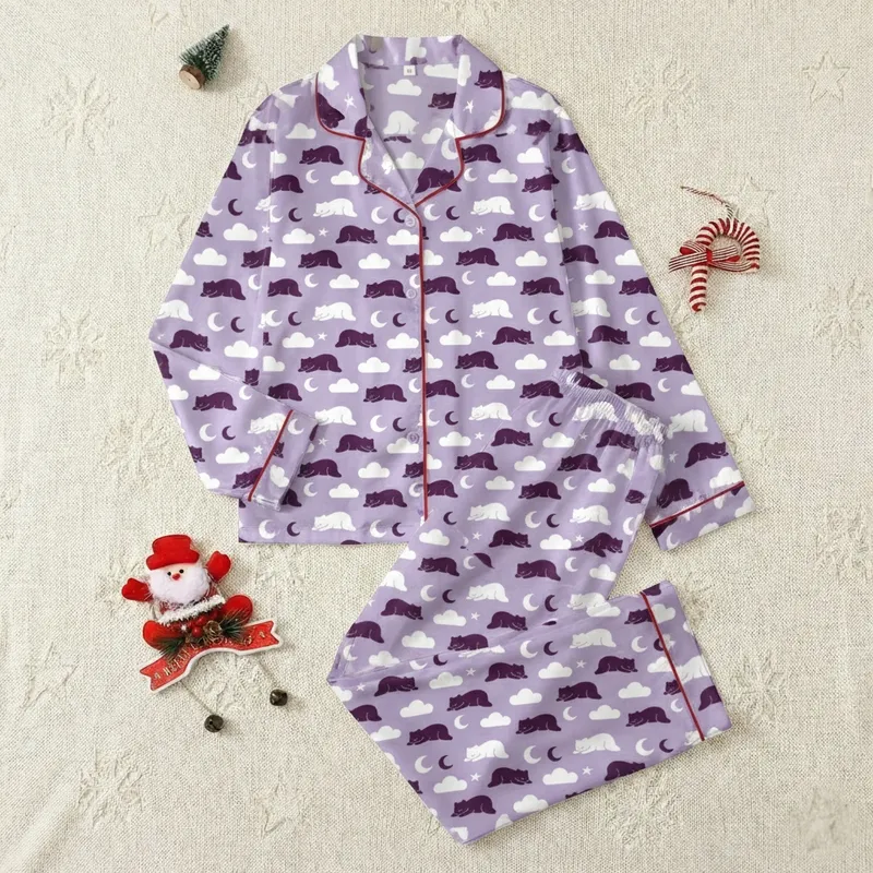 Women's Cozy Lavender Sleeping Bear & Cloud Moon Flannel Fleece Loungewear Set Satin Pajamas Set - 1