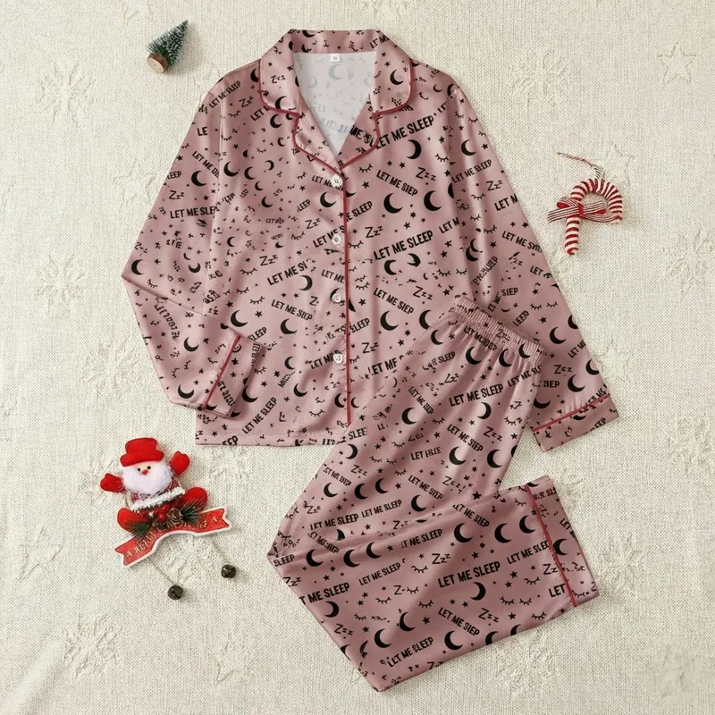 Women's Muted Rose 'LET ME SLEEP' Text, Moon, Star & Zzz Pattern Long Sleeve Loungewear Satin Pajamas Set - 1