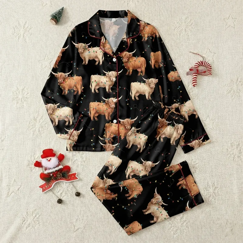 Highland Cow Christmas: Shaggy Watercolor Cows, Multi-Color Lights, Black Background - Festive Wearable Satin Pajamas Set - 1