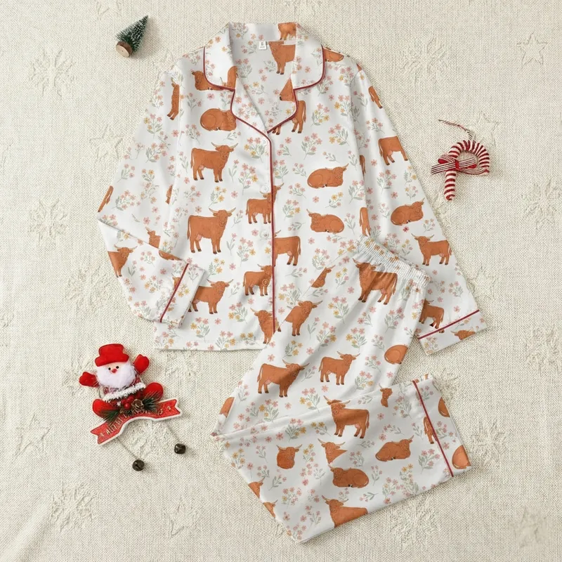 Women's Fluffy Highland Calf & Delicate Wildflower Satin Lounge Ensemble Satin Pajamas Set - 1