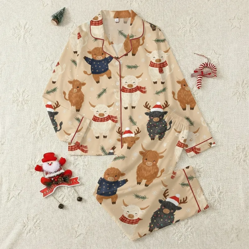 Women's Highland Cow Christmas: Festive Farm Animal & Snowflake Pattern Sleep Set Satin Pajamas Set - 1