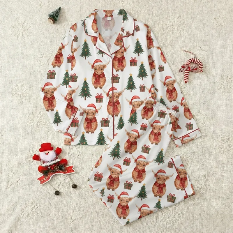 Unisex Personalized Highland Cow Christmas Sleepwear: Santa Hat & Plaid Scarf Oversized Satin Pajamas Set - 1