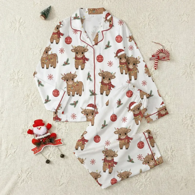 Western Women's Retro Christmas Highland Cow Pajamas: Whimsical Patchwork Sleep Set Satin Pajamas Set - 1